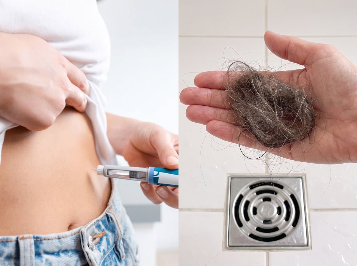 Left: a GLP-1 injection pen against a woman’s stomach. Right: her open hand over a white shower drain holding a loose clump of shed hair.