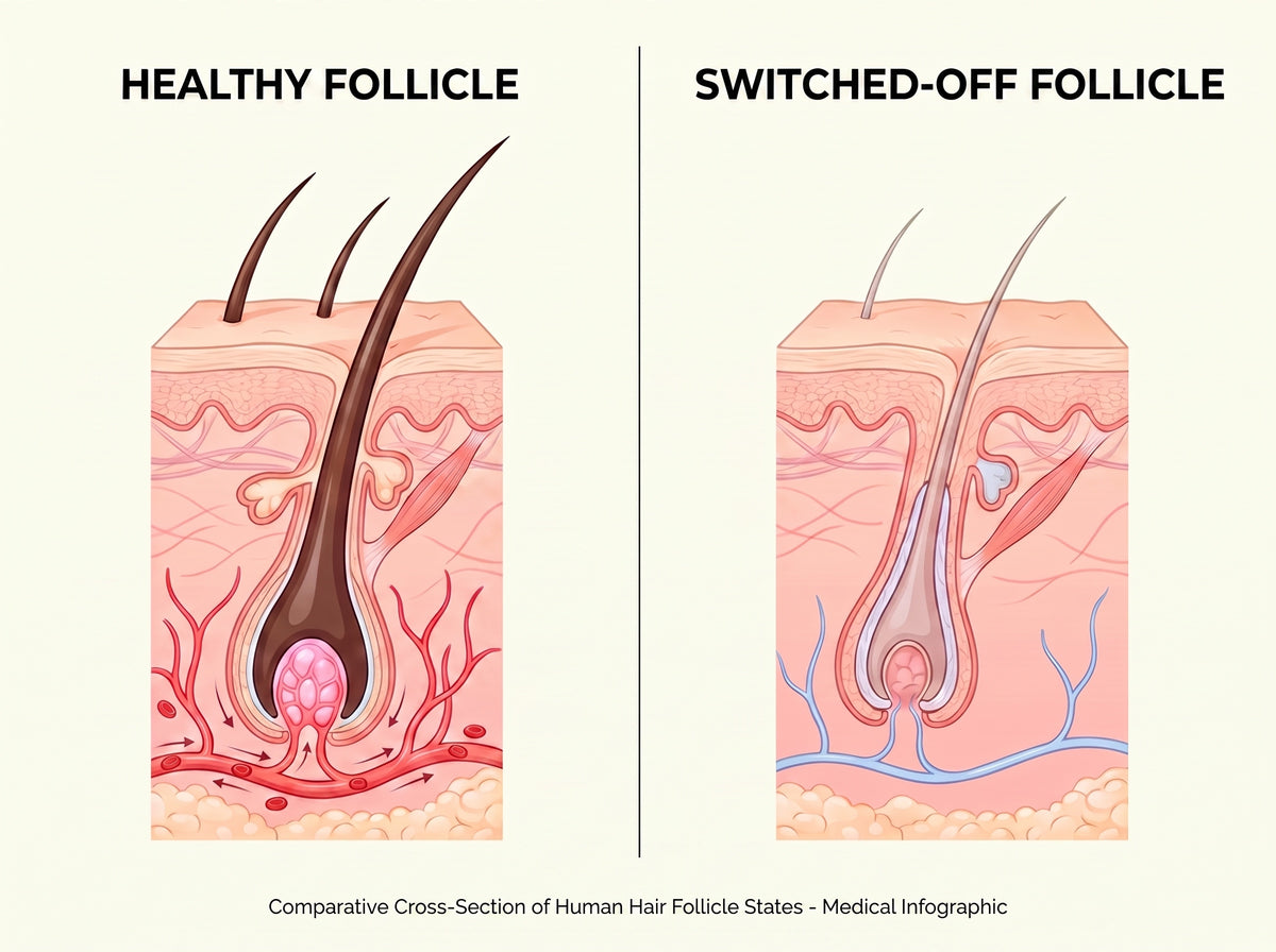 Cross-section diagram of two hair follicles side by side: a healthy follicle with a thick dark hair and red blood supply, and a switched-off follicle with a thin grey hair and pale, closed vessels.