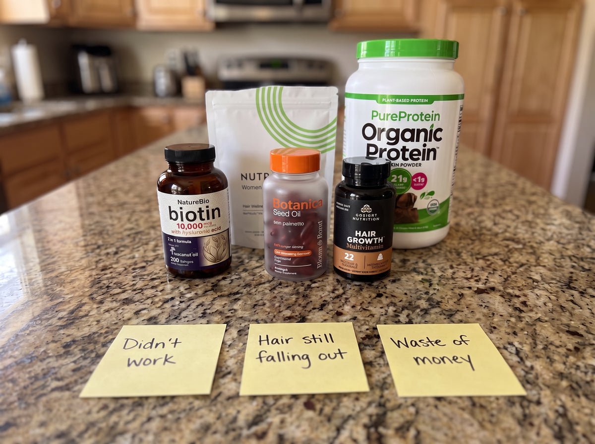 A kitchen counter lined with a biotin bottle, a hair-wellness pouch, a seed-oil bottle, a hair-growth multivitamin and a tub of protein powder, with three handwritten sticky notes in front: didn’t work, hair still falling out, waste of money.
