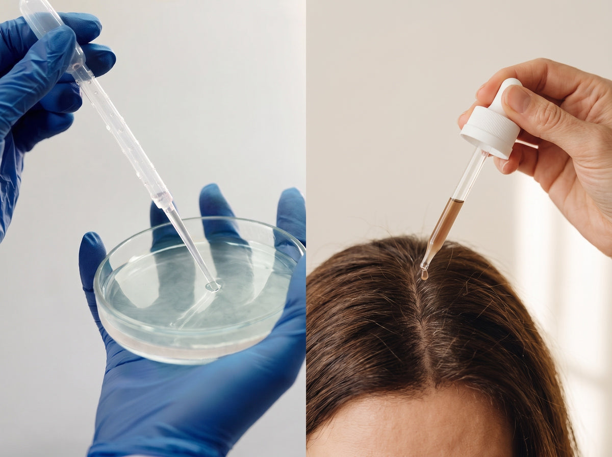 Left: a blue-gloved lab hand holding a pipette over a petri dish. Right: a hand holding the Anara dropper, releasing one amber drop onto a woman’s part line.