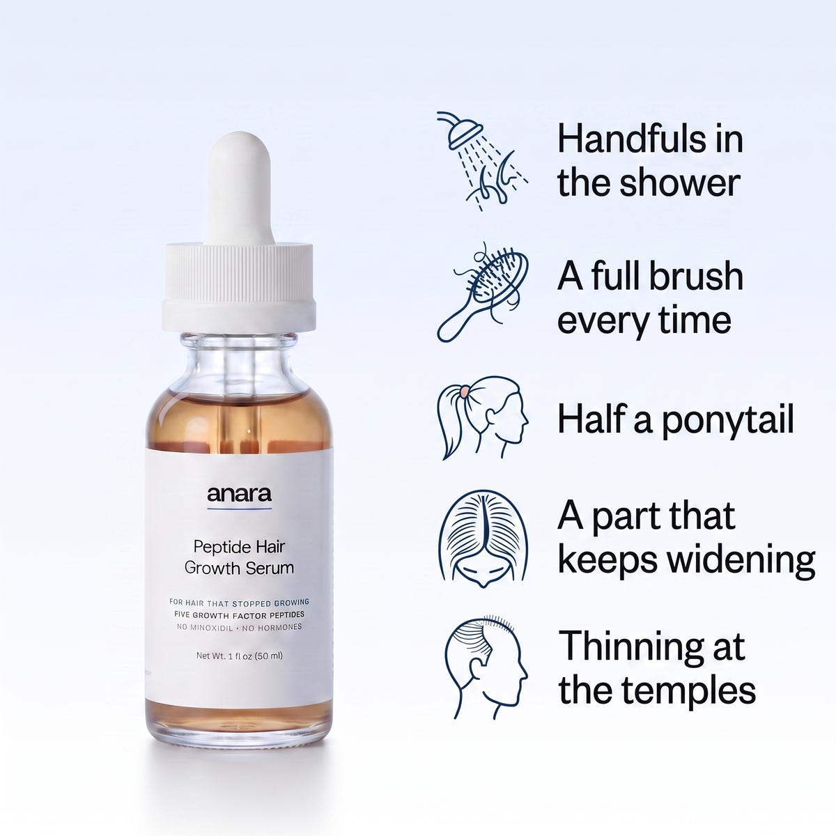 Anara Peptide Hair Growth Serum — for handfuls in the shower, a full brush, half a ponytail, a widening part, thinning temples